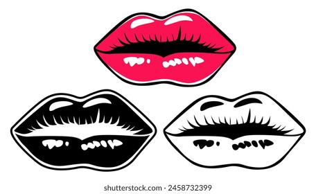 set icono de labios rojos hembra. símbolo de labios de beso Vector