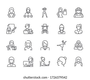 Conjunto de Iconos de línea de vectores relacionados con mujeres. Incluye íconos como feminidad, niña, mujer y más. - vector