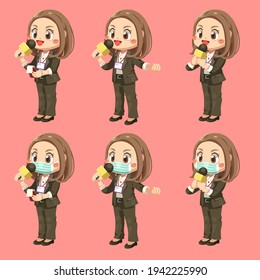 Set of female reporter holding a microphone to report the news in cartoon character, isolated flat vector illustration