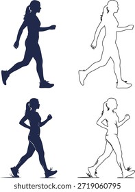 Set of female runner silhouettes in dynamic running poses, ideal for fitness and sports-related projects, conveying energy, motivation, and a healthy lifestyle.
