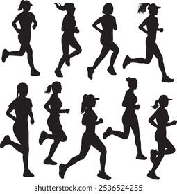 A set of female runner silhouettes isolated on a white background.