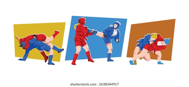 Set of female sambo fighter in action pose. Sport, martial arts. Cartoon flat vector illustration.