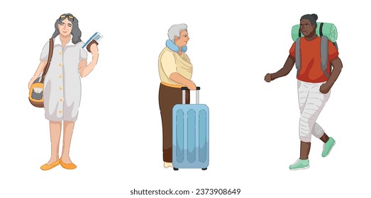 Set of female senior tourists with luggage on white background