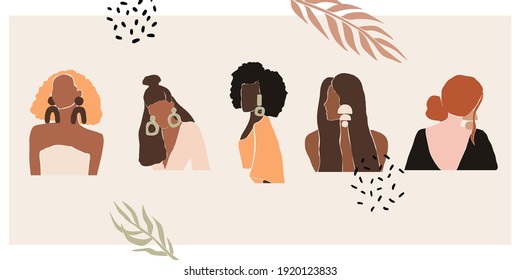 Set Female shape, silhouette on retro tropical background. Abstract woman portrait in pastel colors. minimalistic style