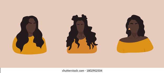 Set of female shapes and silhouettes on retro background. Abstract african women in pastel colors. Collection of contemporary art posters. Fashion girls for social media. Modern vector illustration.