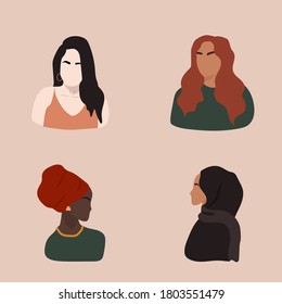 Set of female shapes and silhouettes on retro background. Abstract women in pastel colors. Collection of contemporary art posters. Fashion girls for social media. Modern vector illustration.