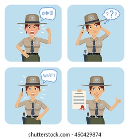Set of female sheriff characters posing in different situations. Cheerful police officer talking on phone, thinking, surprised, angry, holding document. Flat style vector illustration