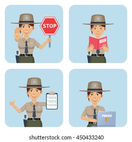Set of female sheriff characters posing in different situations. Cheerful police officer holding stop sign, clipboard, reading a book, working on laptop. Flat style vector illustration