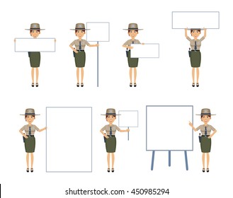 Set of female sheriff characters posing with different blank banners. Cheerful sheriff with paper, poster, placard, pointing to whiteboard. Teach, advertise, promote. Flat style vector illustration