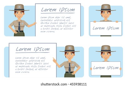 Set of female sheriff characters posing with different banners. Cheerful police officer holding paper, poster, placard. Teach, advertise, promote. Flat style vector illustration
