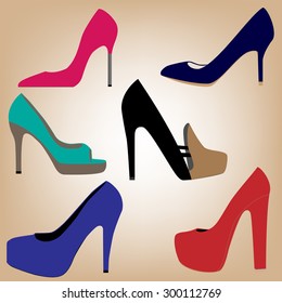 Set Of Female Shoes. Vector
