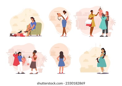 Set of Female Shopper Characters Browsing Through Colorful Displays, Selecting Clothes, Shoes and Accessories. Women Hunt For Modern Apparel And Enjoy Shopping. Cartoon People Vector Illustration