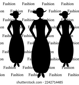 A set of female silhouette in fashionable dress in a hat with a brim on background with inscription fashion. Girl in a long dress. Website banner concept for fashion studio. Tailoring. Fashion store.