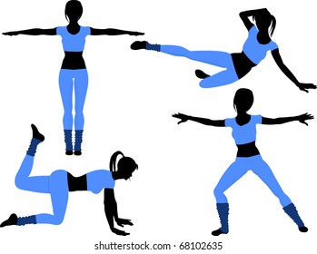 set of female silhouettes in aerobic or fitness poses wearing blue gym clothes