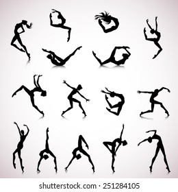 Set of female silhouettes dancing in modern style