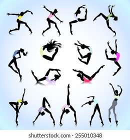Set of female silhouettes dancing in modern style