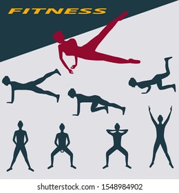 Set of female silhouettes - exercises for a slim body - vector. Fitness Sport Club.