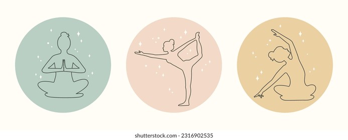 Set of female silhouettes meditating in lotus position. Symbol, logo, emblem, icon for web design, social media stories. Trendy minimal lineart style. Woman practices yoga asanas. Vector in boho style
