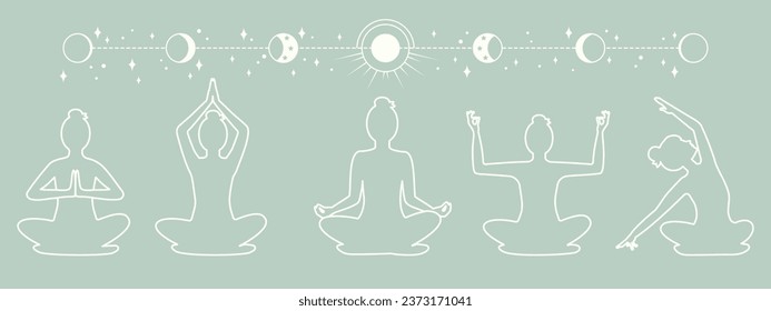 Conjunto de siluetas hembras meditando en la posición del loto. Fases de la luna, símbolos mágicos astrológicos. Las mujeres practican la meditación. Complejo de yoga. Vector en estilo boho   