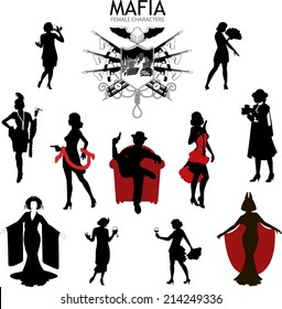 Set Of Female Silhouettes Retro 1930s Style Mafia Theme Gangster Actress Dancer Starlet Journalist