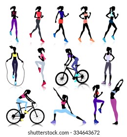 Set of female silhouettes running, jumping and cycling