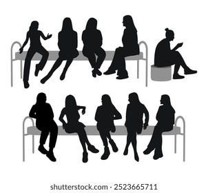 Set of female silhouettes sitting, bench and pouf