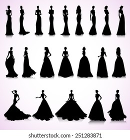 Set of female silhouettes in wedding dresses