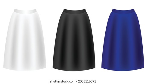 Set of female skirts isolated on white background.Flat design.Mockup template.Long skirts.Sign, symbol, icon or logo isolated.Realistic vector illustration.Black, gray, blue and white.