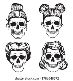 Set of female skulls. Collection of skulls with stylish hairstyles. Halloween symbol. Vector illustration isolated on white background.
