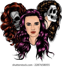 Set of female skulls. vector illustration on white background. digital hand draw
