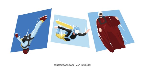 Set of female skydiving, skysurfing, and wingsuit flying. Extreme sport. Cartoon flat vector illustration.