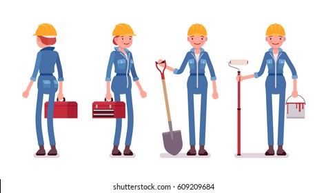 Set of female smiling professional worker in yellow protective hardhat, blue builder suit, holding red toolbox, painting roller, shovel, full length, front, rear view, isolated, white background