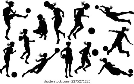 A set of female soccer football player women silhouettes