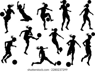 A set of female soccer football player women silhouettes