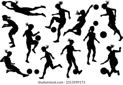 A set of female soccer football player women silhouettes