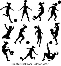 A set of female soccer football player women silhouettes