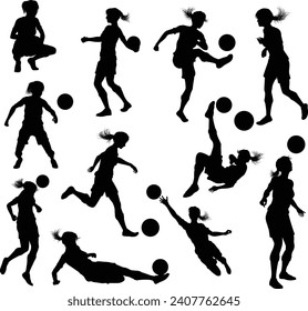 A set of female soccer football player women silhouettes