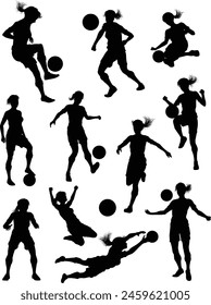 A set of female soccer football player women silhouettes