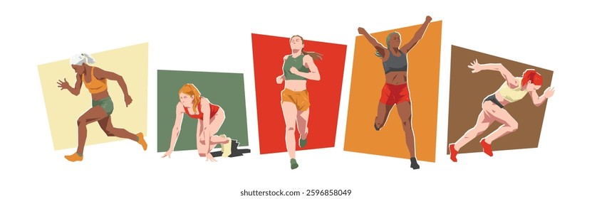 Set of female sprinter runner with different pose, gesture. Isolated on white background. Vector illustration.