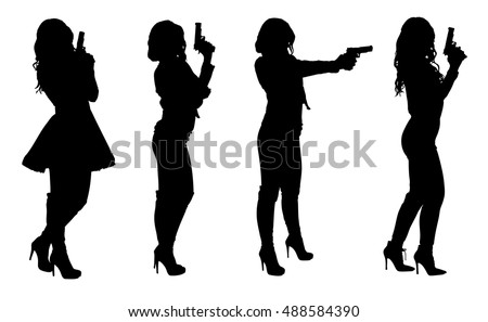 Set of female spy in different clothes with gun. Easy editable layered vector illustration.