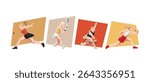 Set of female squash player. Dynamic pose. Cartoon flat vector illustration.