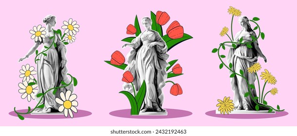 Set von weiblichen Statuen mit Frühlingsblumen im Retro-Collage-Stil verflochten. Vektor-Illustration von weiblichen Statuen mit Halbtoneffekt und handgezeichneten Blumen.