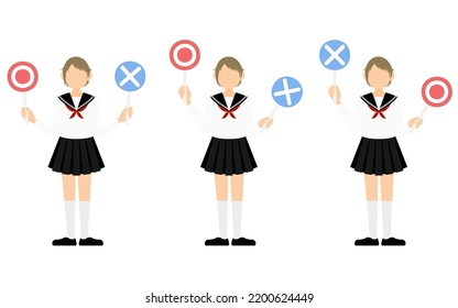 Set of a female student in white sailor's uniform answering a question with a Marubatsu stick