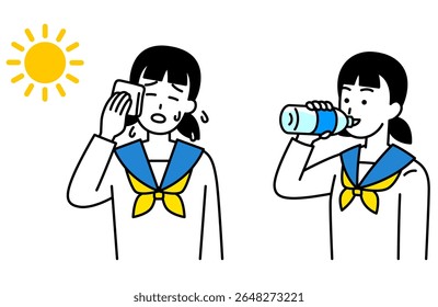 Set of female students taking measures against heat stroke