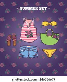 set of female summer clothes on an purple background