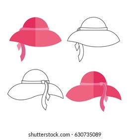 Set of female summer hat flat style and line style isolated on white background.Beach vector illustration.