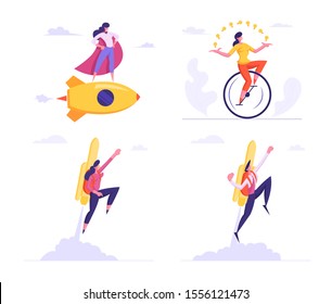 Set Female Super Employee with Arms Akimbo Flying on Golden Rocket and Riding Monocycle Juggling Light Bulbs. Business Success, Leadership, Professionalism Concept. Cartoon Flat Vector Illustration