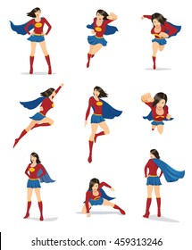 Set Of Female Superhero In 9 Different Poses. You Can Place Your Company Name And Logo On Their Chest.