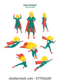 Set of female superhero in 9 different situations and poses. Longhaired superwoman actions set in cartoon colored style in costume. Colorful flat illustration.