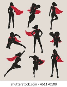 Set of Female Superhero. Black and Red Color.